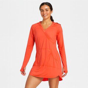 Athleta Bright Orange Coral Wick It Cover Up Hoodie Dress Size XS
